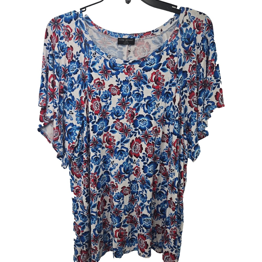 Lane Bryant Plus Size 22/24 Women's White Floral Flutter Sleeve Rayon Top